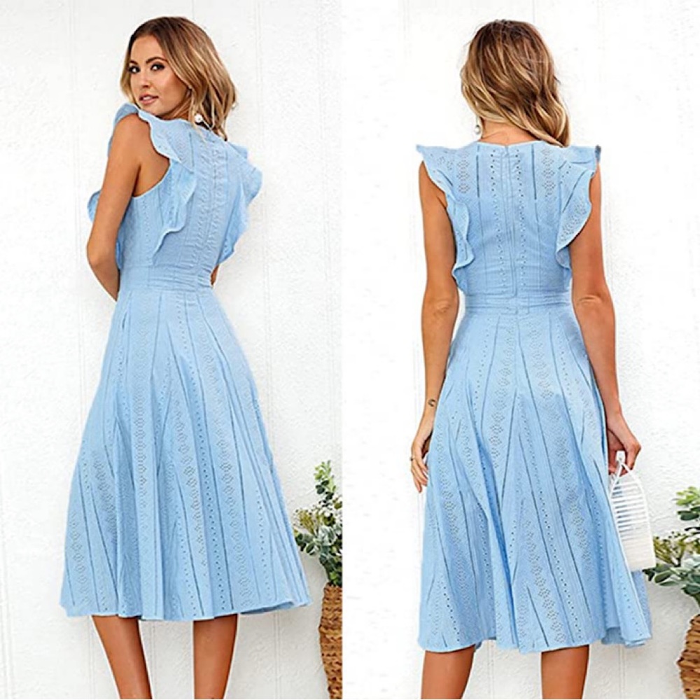ECOWISH Womens Dresses Elegant Wedding Cocktail Ruffle Cap Sleeves Summer A-Line - Picture 2 of 3